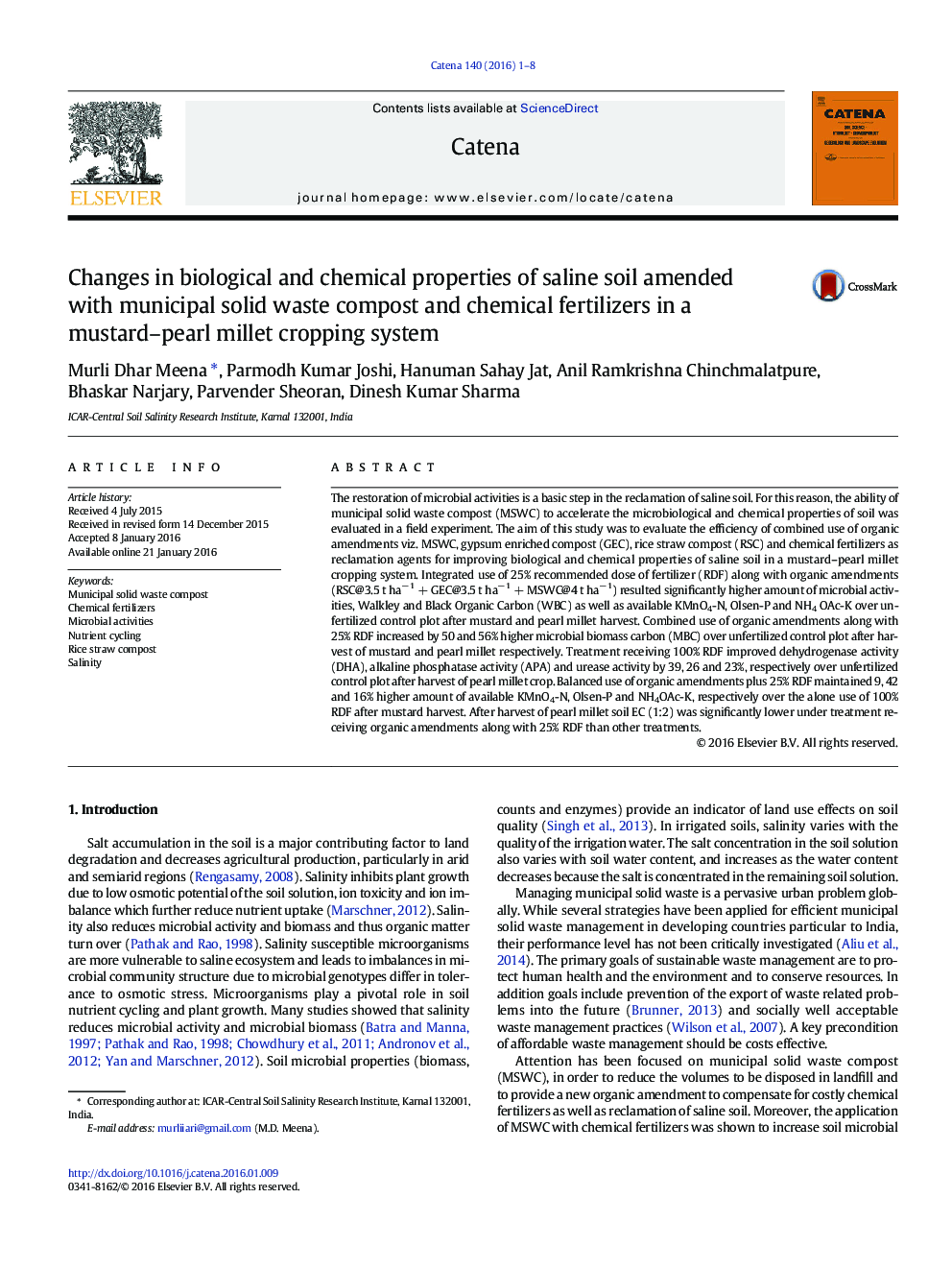 Changes in biological and chemical properties of saline soil amended with municipal solid waste compost and chemical fertilizers in a mustard–pearl millet cropping system