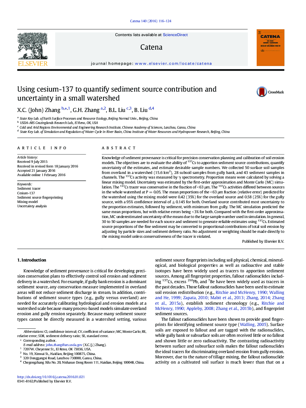 Using cesium-137 to quantify sediment source contribution and uncertainty in a small watershed