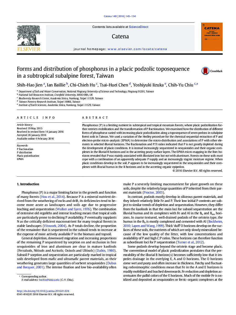 Forms and distribution of phosphorus in a placic podzolic toposequence in a subtropical subalpine forest, Taiwan