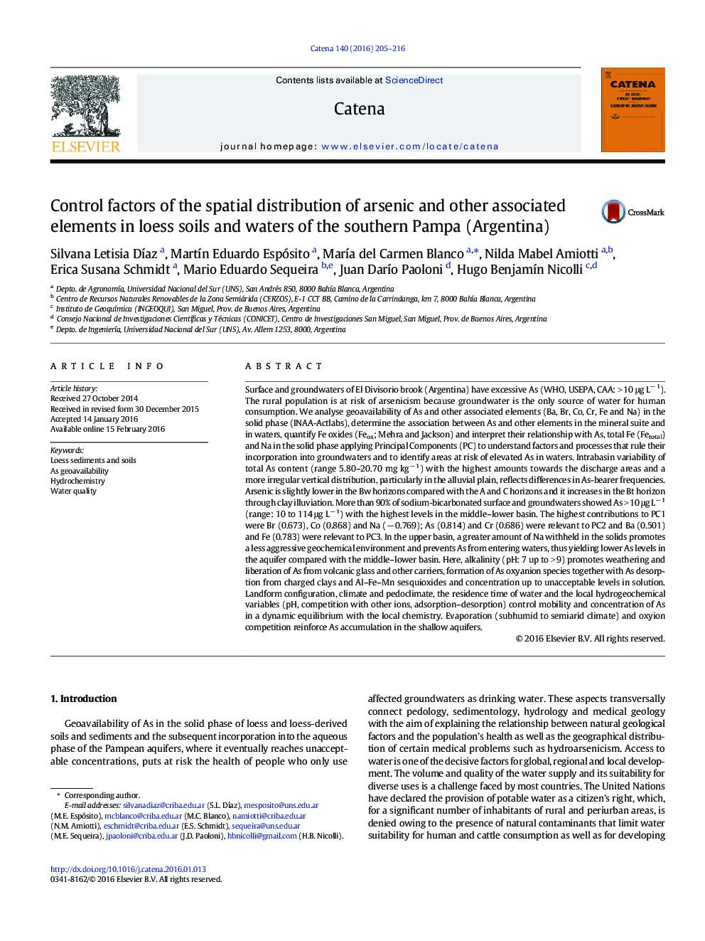 Control factors of the spatial distribution of arsenic and other associated elements in loess soils and waters of the southern Pampa (Argentina)