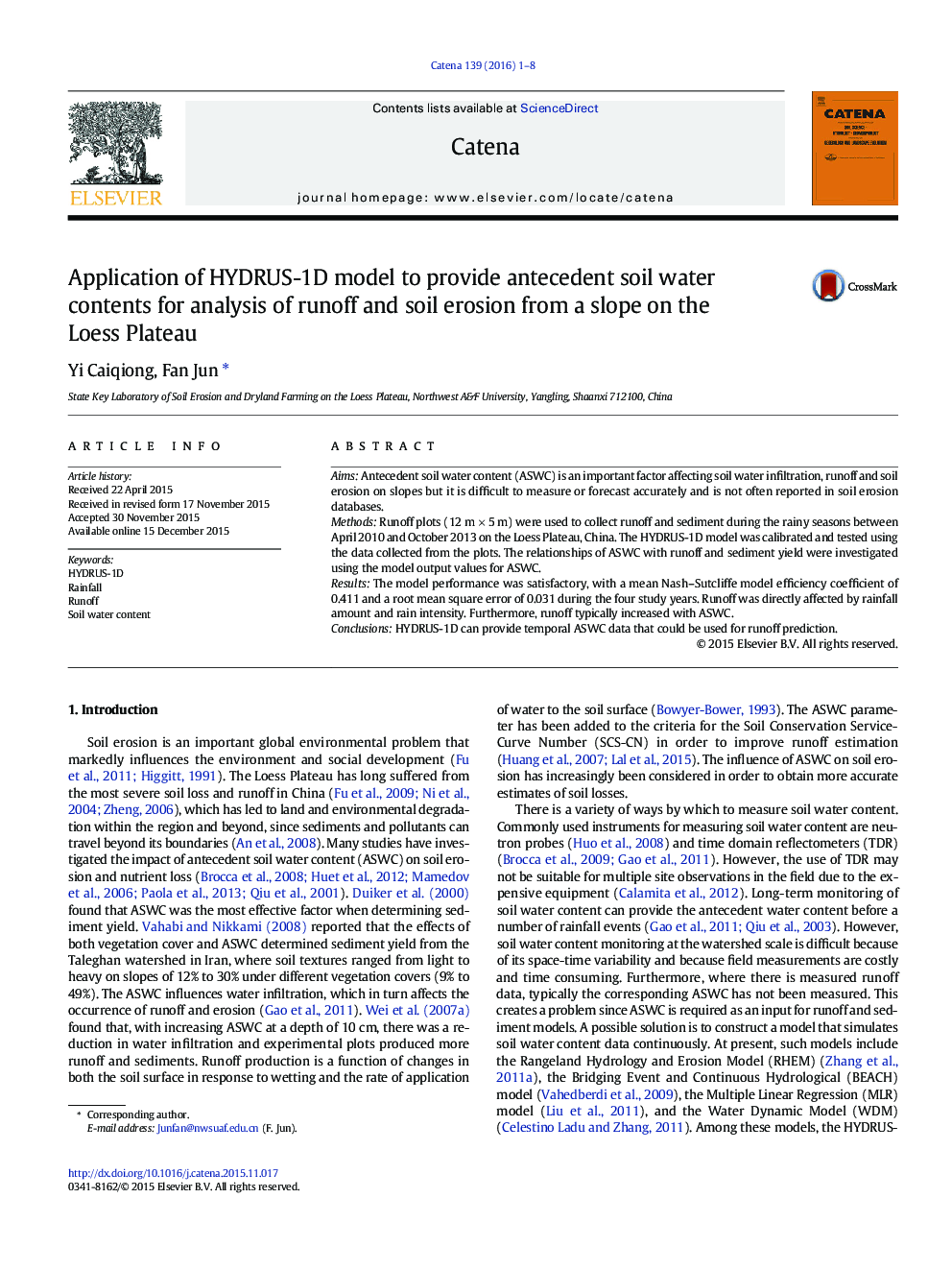 Application of HYDRUS-1D model to provide antecedent soil water contents for analysis of runoff and soil erosion from a slope on the Loess Plateau