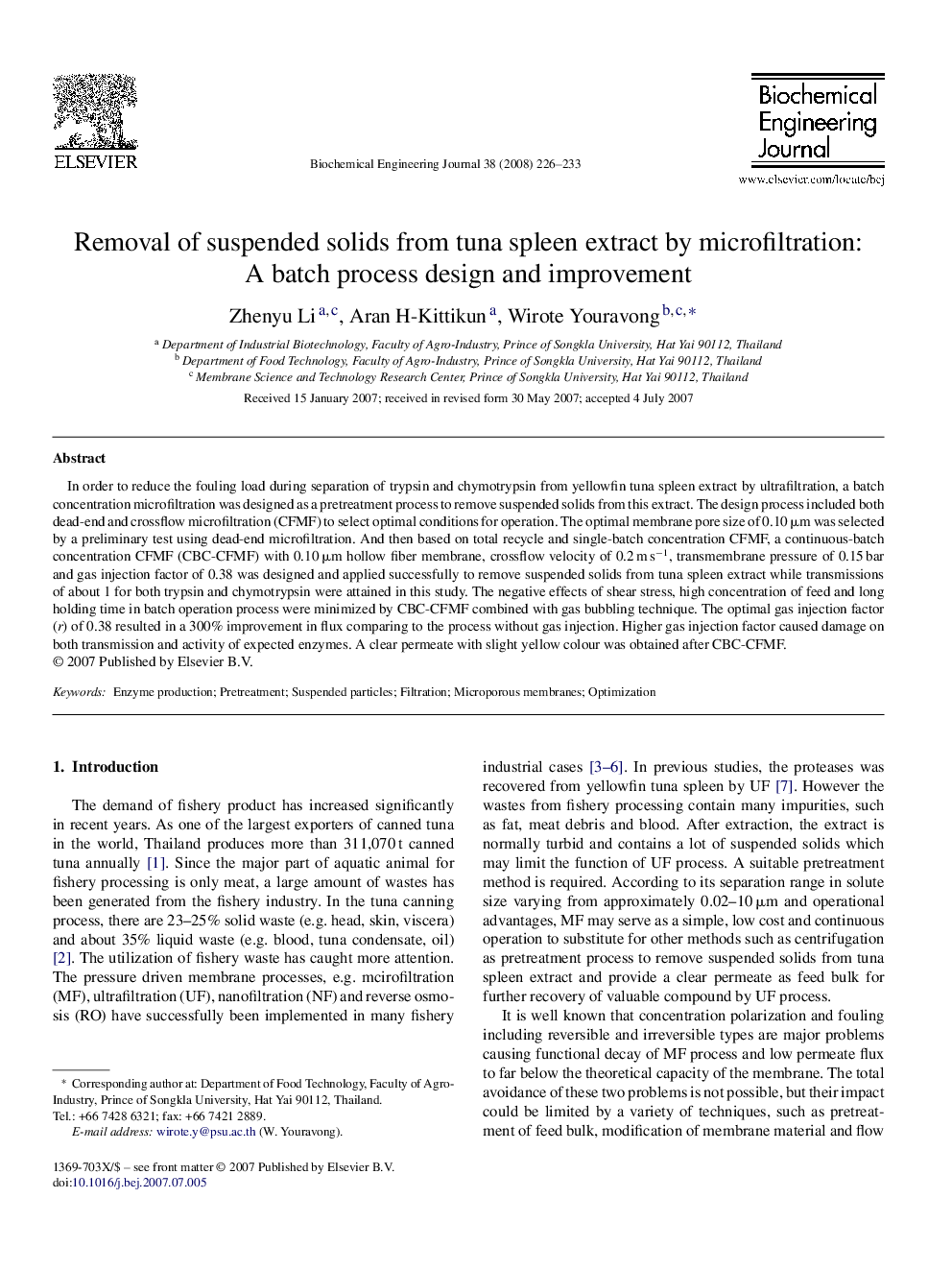 Removal of suspended solids from tuna spleen extract by microfiltration: A batch process design and improvement