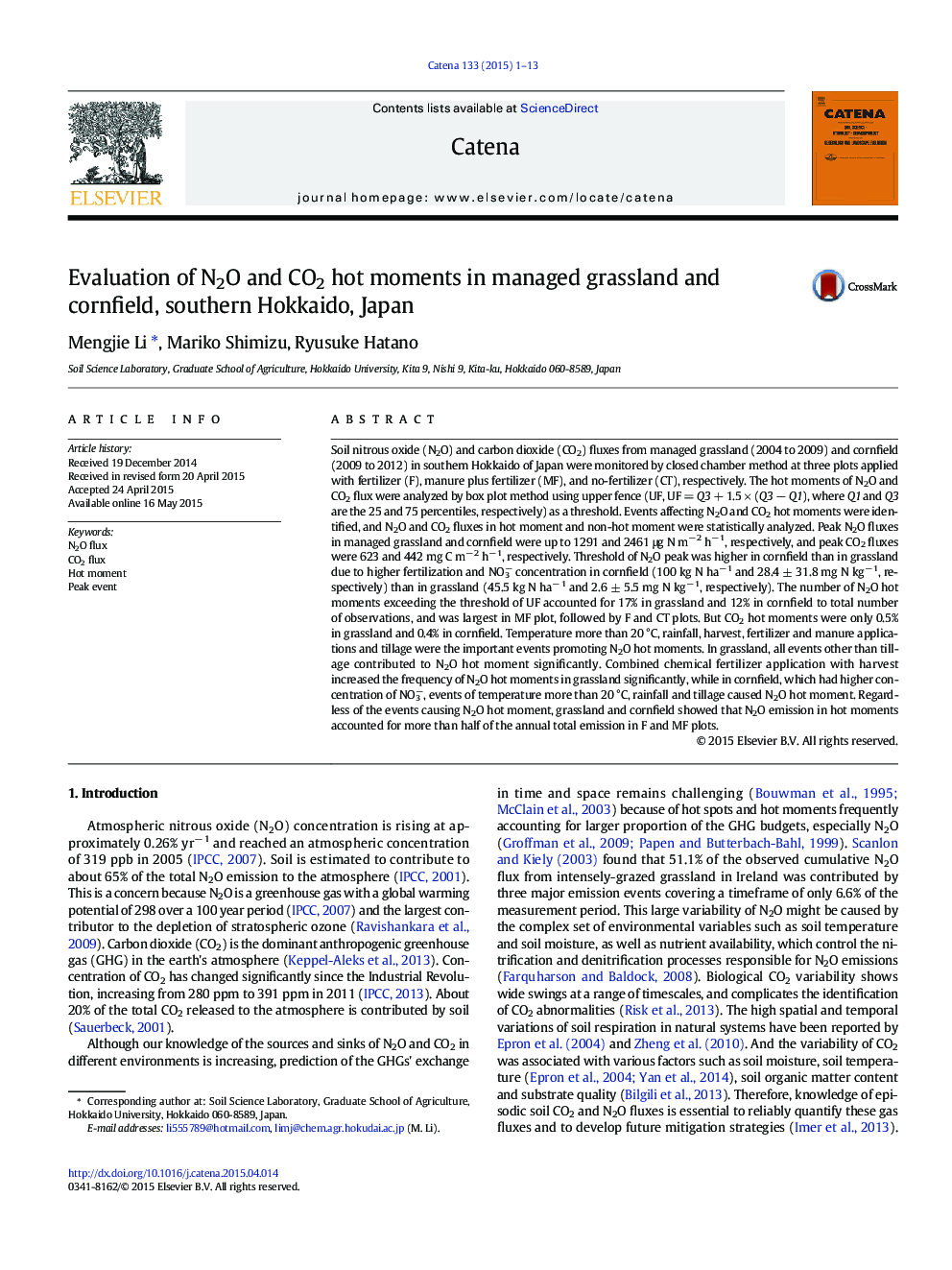 Evaluation of N2O and CO2 hot moments in managed grassland and cornfield, southern Hokkaido, Japan