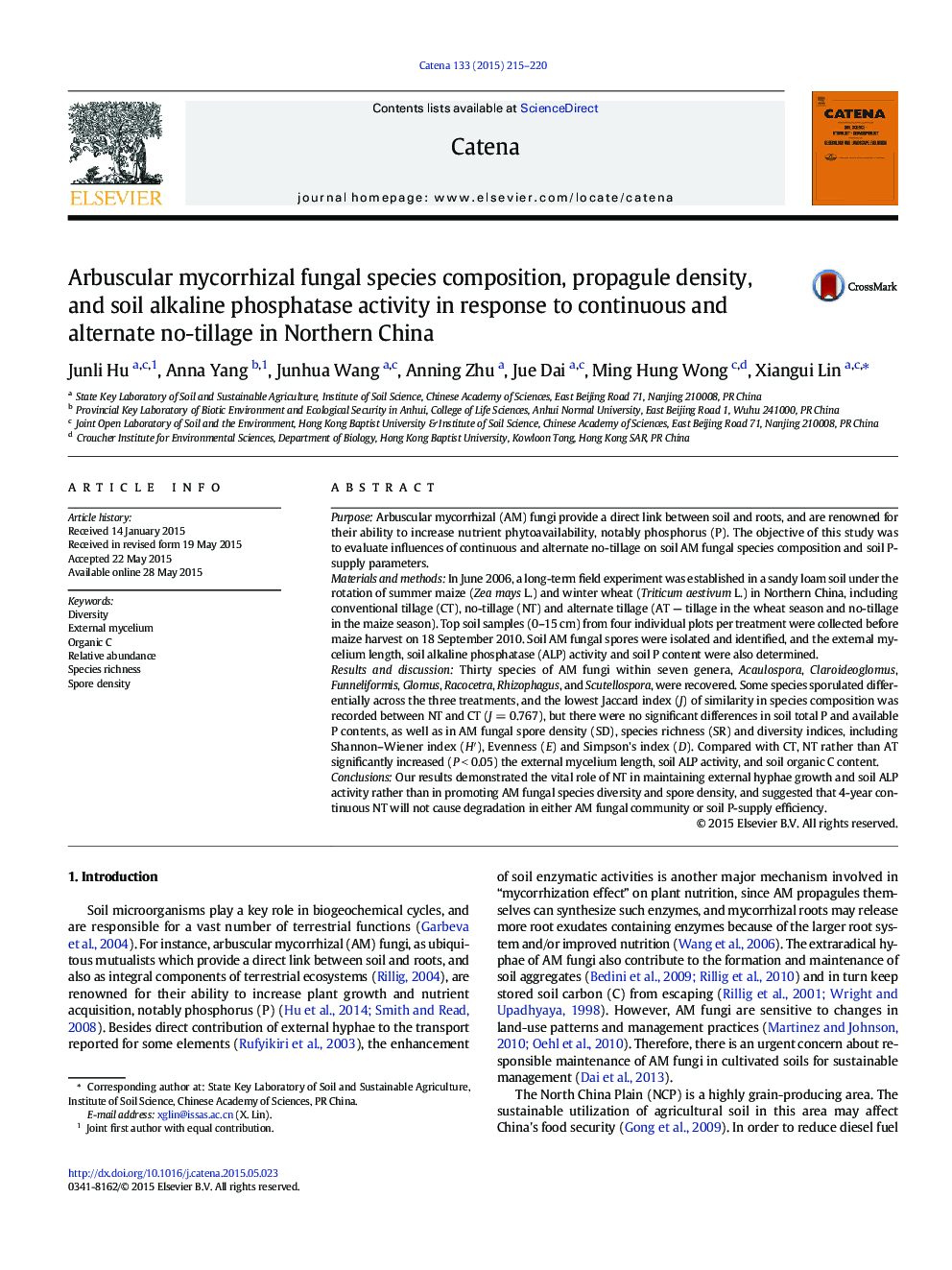 Arbuscular mycorrhizal fungal species composition, propagule density, and soil alkaline phosphatase activity in response to continuous and alternate no-tillage in Northern China