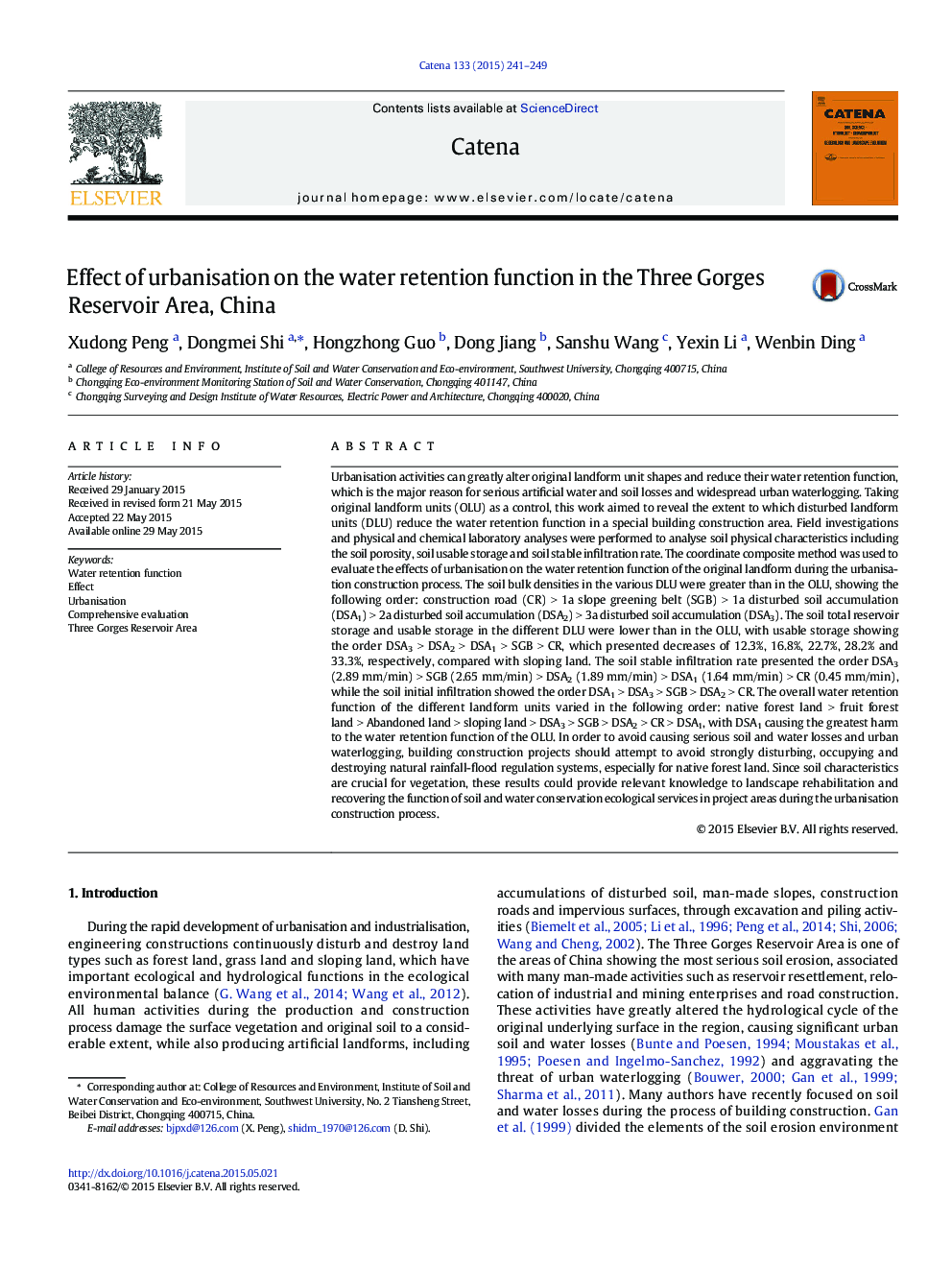 Effect of urbanisation on the water retention function in the Three Gorges Reservoir Area, China
