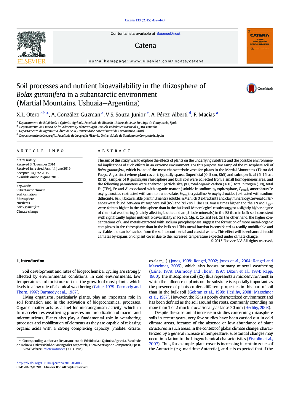 Soil processes and nutrient bioavailability in the rhizosphere of Bolax gummifera in a subantarctic environment (Martial Mountains, Ushuaia—Argentina)