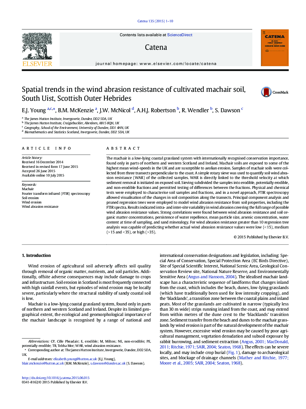 عکس صفحه اول مقاله: Spatial trends in the wind abrasion resistance of cultivated machair soil, South Uist, Scottish Outer Hebrides Spatial trends in the wind abrasion resistance of cultivated machair soil, South Uist, Scottish Outer Hebrides