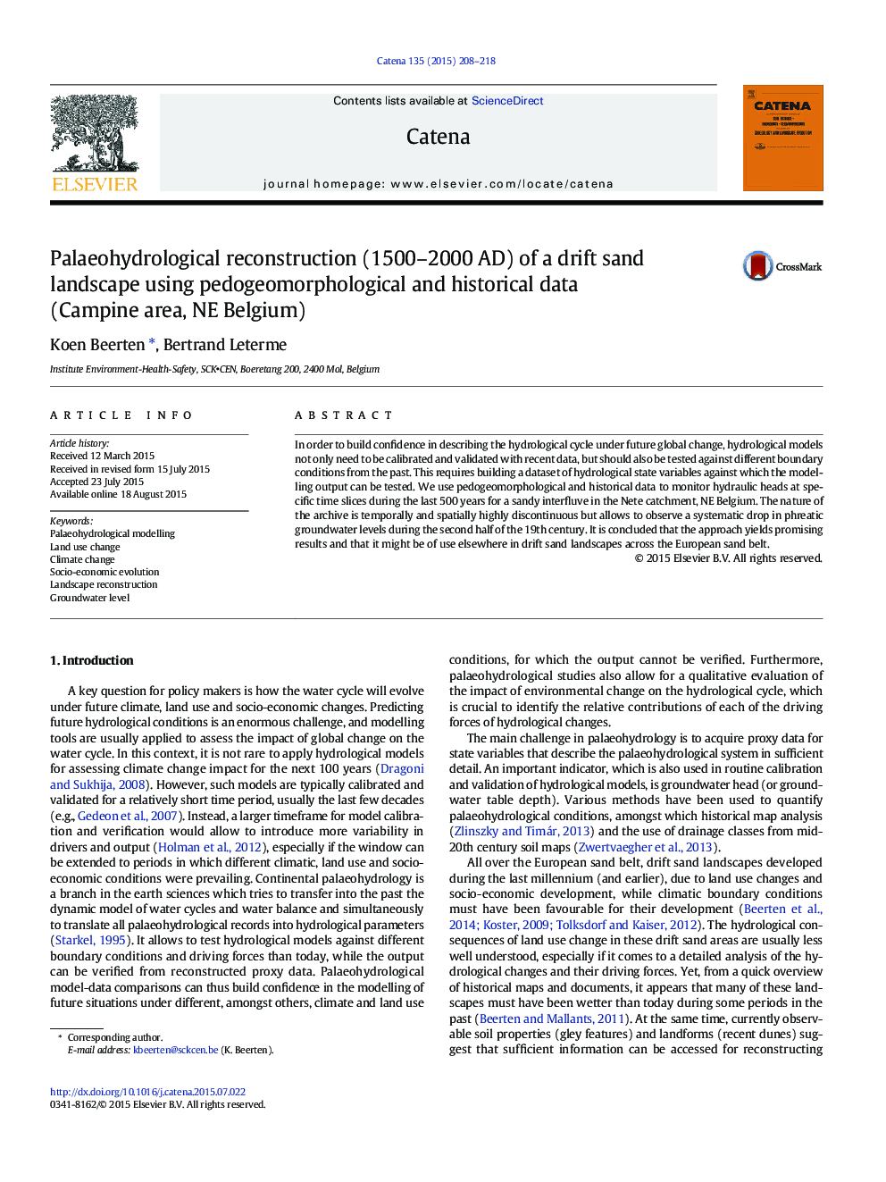 Palaeohydrological reconstruction (1500–2000 AD) of a drift sand landscape using pedogeomorphological and historical data (Campine area, NE Belgium)