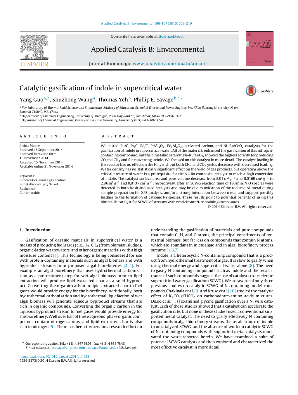 Catalytic gasification of indole in supercritical water