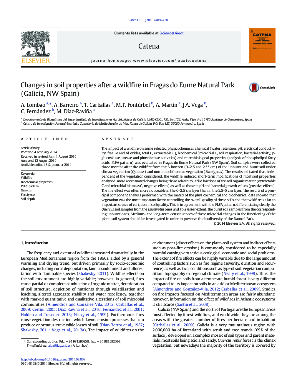 Changes in soil properties after a wildfire in Fragas do Eume Natural Park (Galicia, NW Spain)