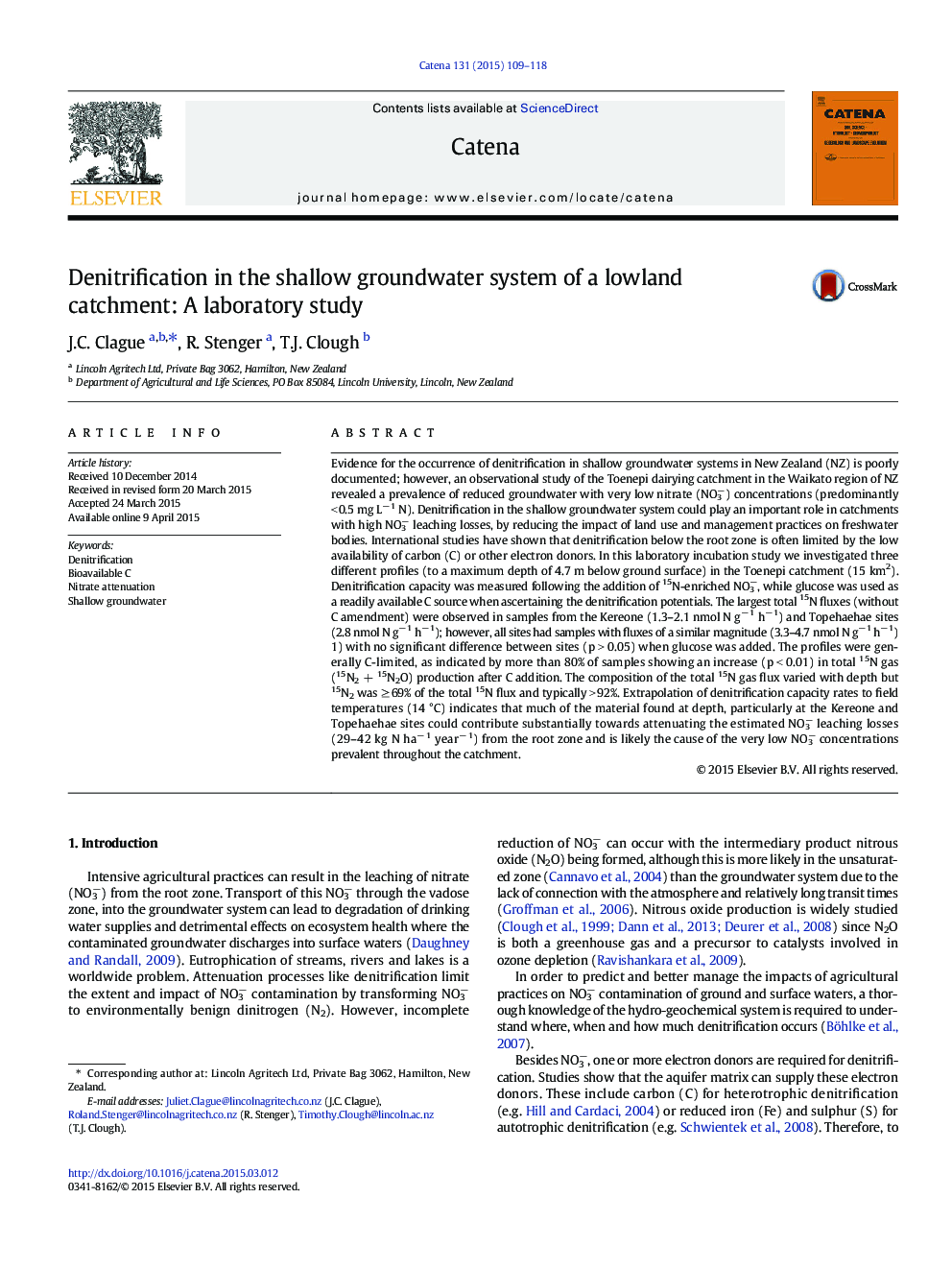 Denitrification in the shallow groundwater system of a lowland catchment: A laboratory study