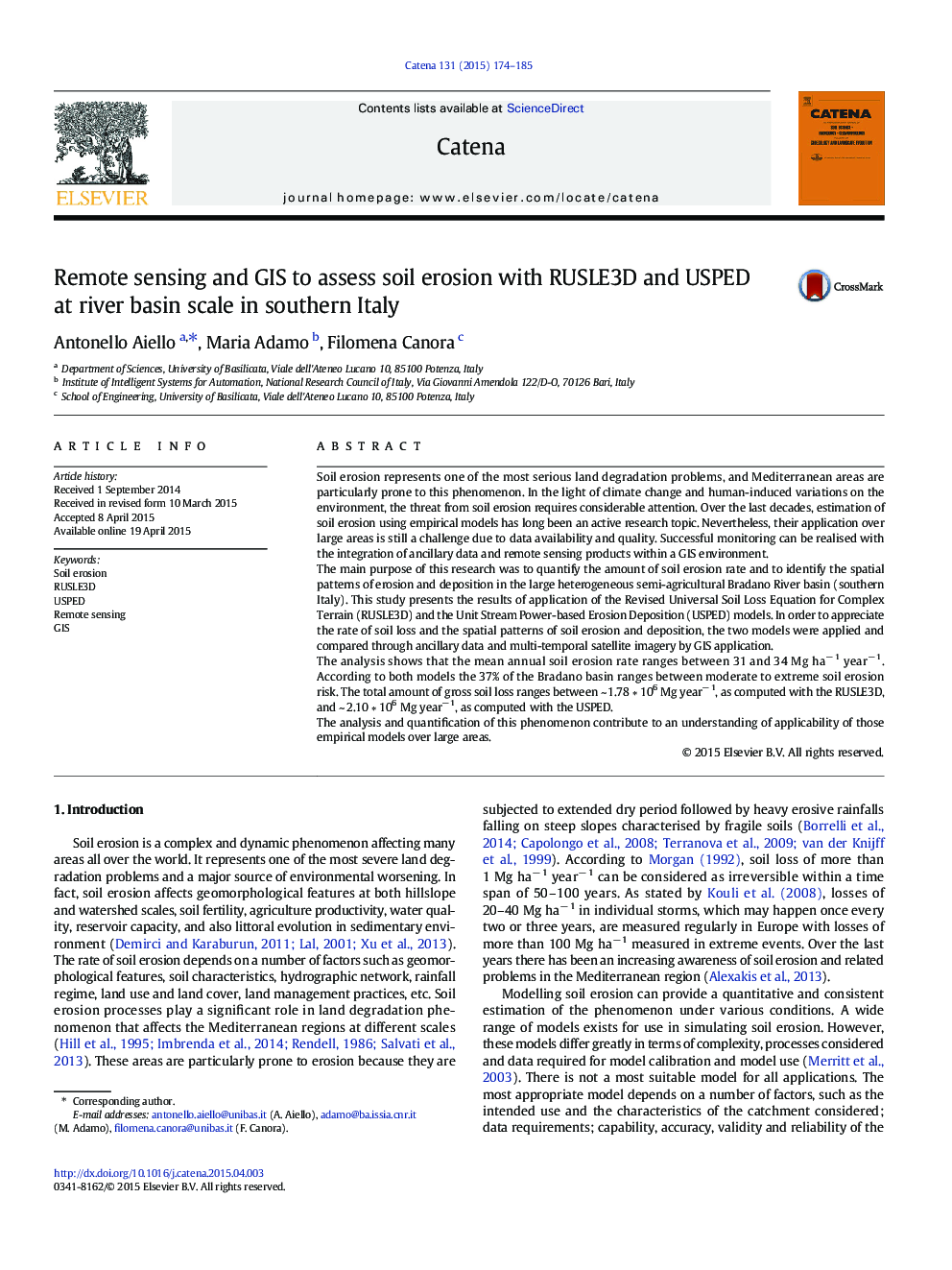 Remote sensing and GIS to assess soil erosion with RUSLE3D and USPED at river basin scale in southern Italy