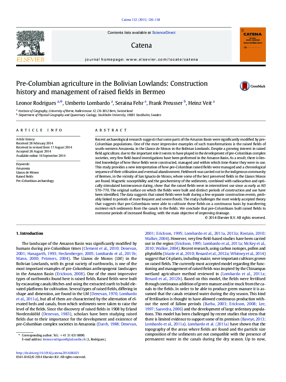 Pre-Columbian agriculture in the Bolivian Lowlands: Construction history and management of raised fields in Bermeo