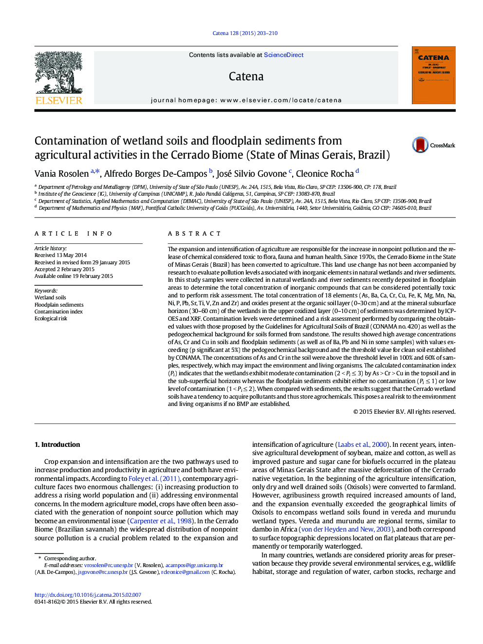 Contamination of wetland soils and floodplain sediments from agricultural activities in the Cerrado Biome (State of Minas Gerais, Brazil)