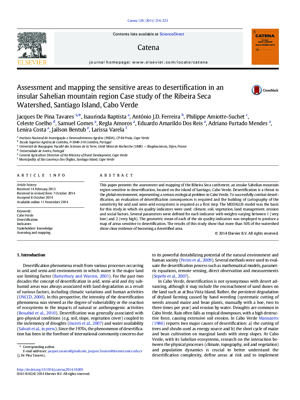 Assessment and mapping the sensitive areas to desertification in an insular Sahelian mountain region Case study of the Ribeira Seca Watershed, Santiago Island, Cabo Verde