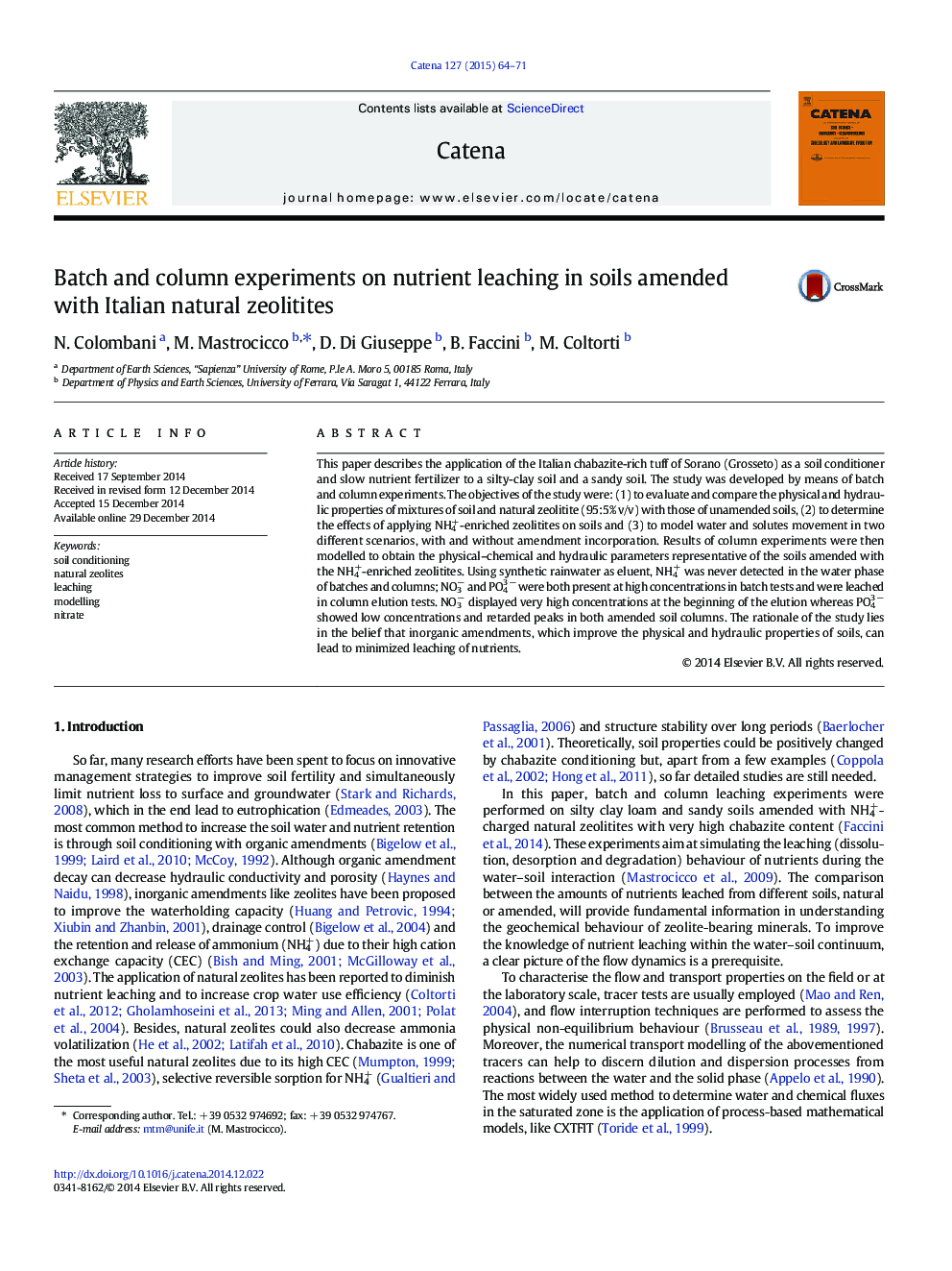 Batch and column experiments on nutrient leaching in soils amended with Italian natural zeolitites