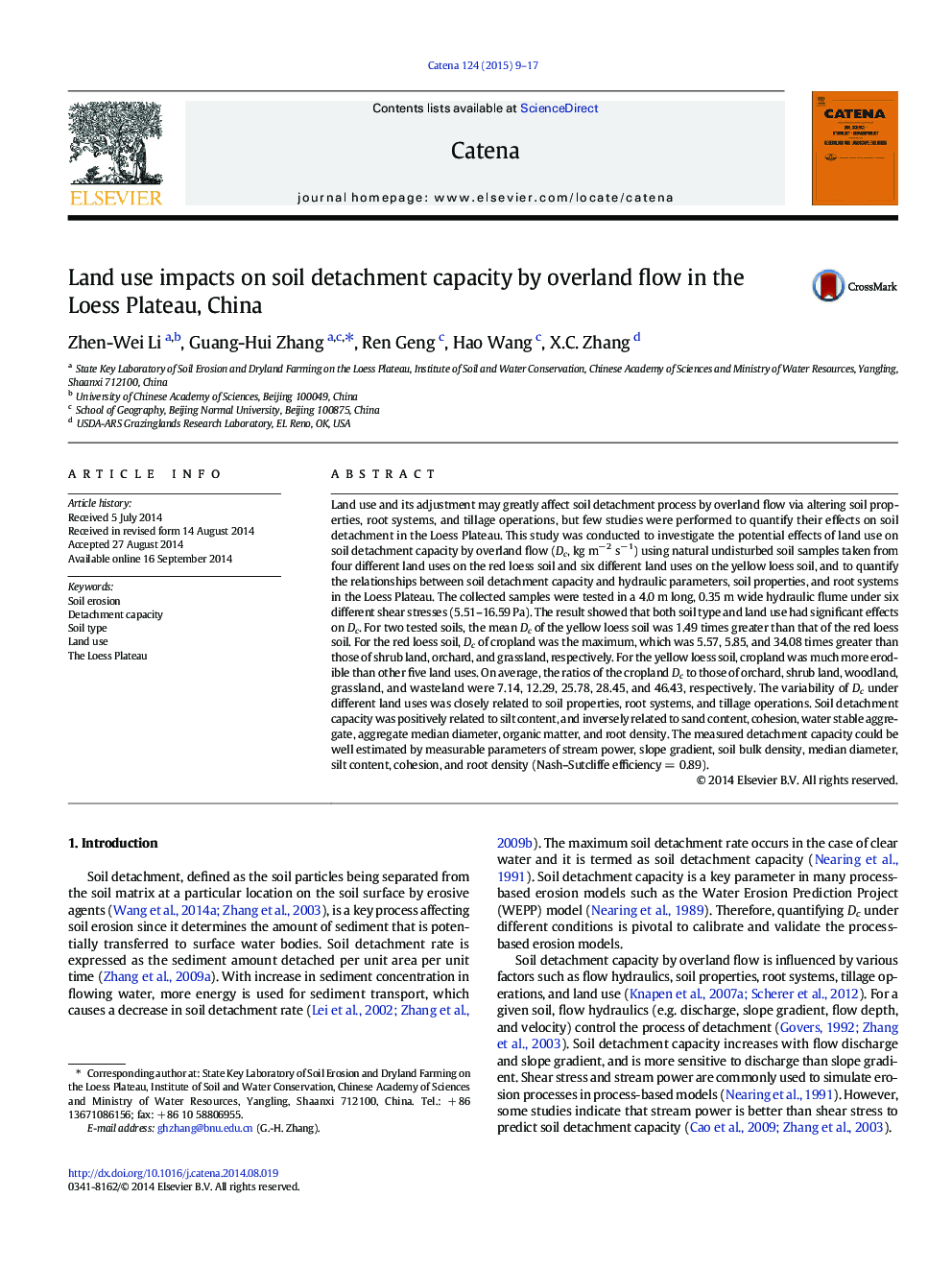 Land use impacts on soil detachment capacity by overland flow in the Loess Plateau, China