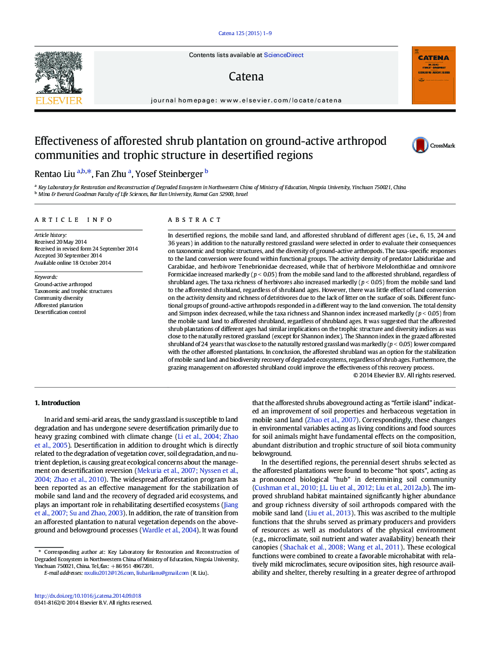 Effectiveness of afforested shrub plantation on ground-active arthropod communities and trophic structure in desertified regions