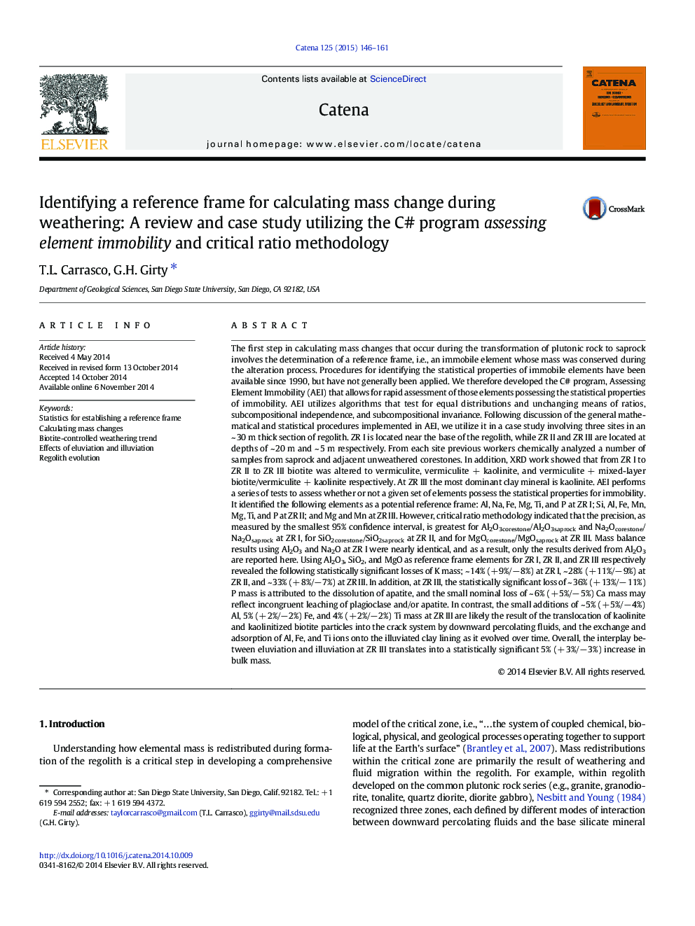 Identifying a reference frame for calculating mass change during weathering: A review and case study utilizing the C# program assessing element immobility and critical ratio methodology