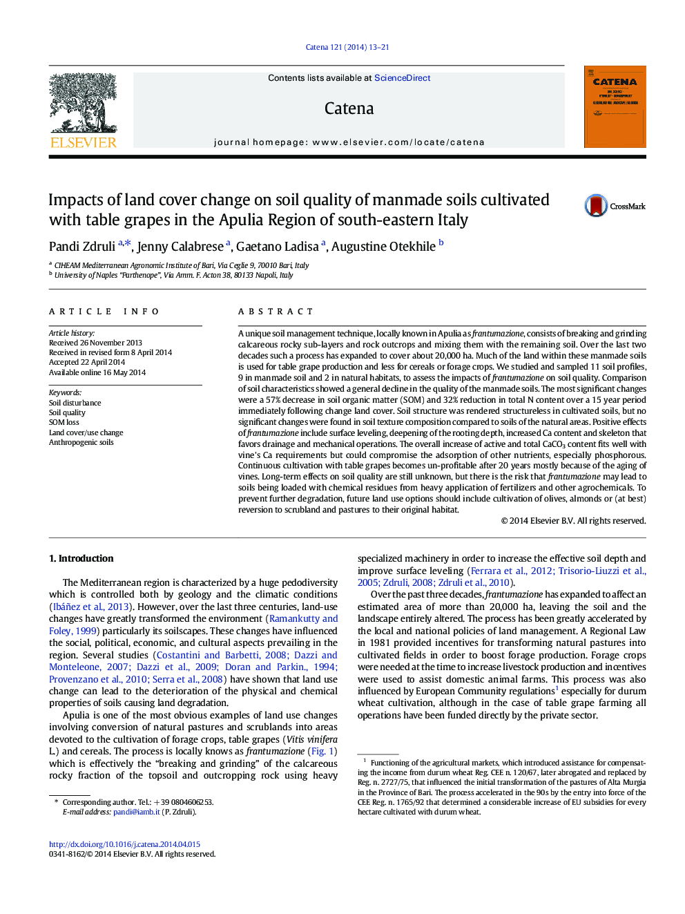 Impacts of land cover change on soil quality of manmade soils cultivated with table grapes in the Apulia Region of south-eastern Italy