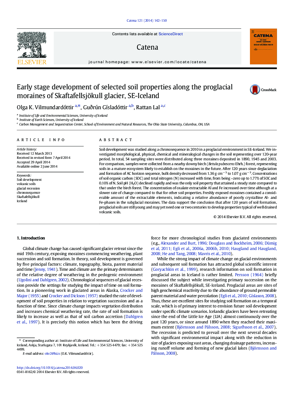 Early stage development of selected soil properties along the proglacial moraines of Skaftafellsjökull glacier, SE-Iceland