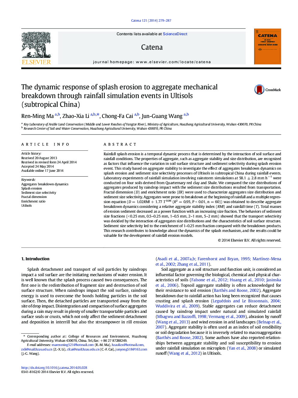 The dynamic response of splash erosion to aggregate mechanical breakdown through rainfall simulation events in Ultisols (subtropical China)