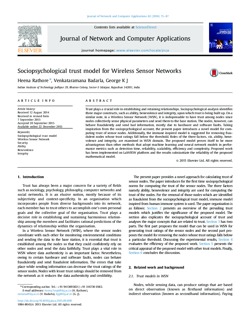 مدل اعتماد اجتماعی روانشناختی برای شبکه های سنسور بی سیم 