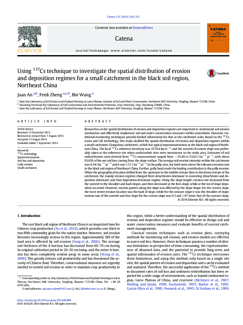 Using 137Cs technique to investigate the spatial distribution of erosion and deposition regimes for a small catchment in the black soil region, Northeast China