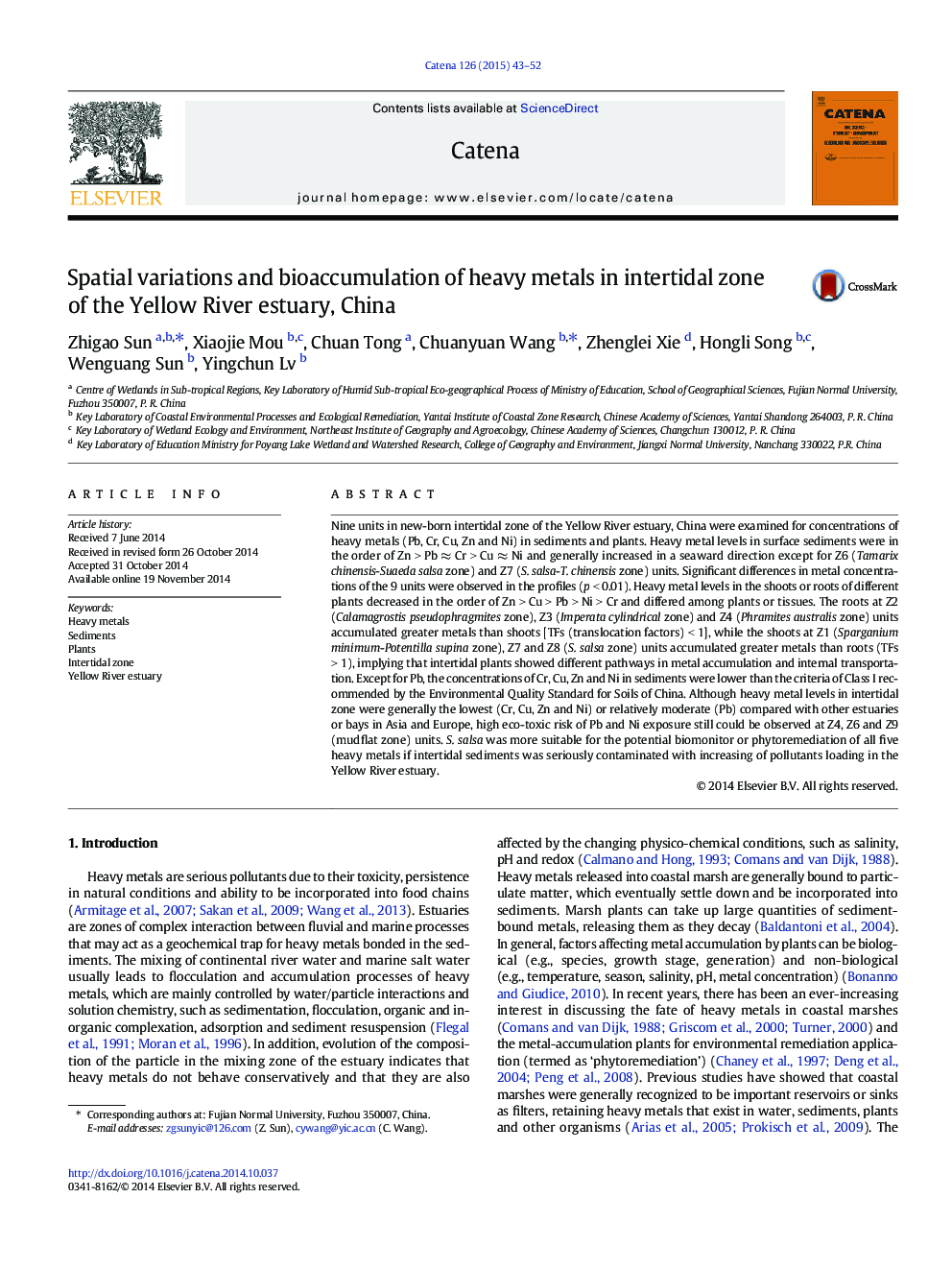 Spatial variations and bioaccumulation of heavy metals in intertidal zone of the Yellow River estuary, China