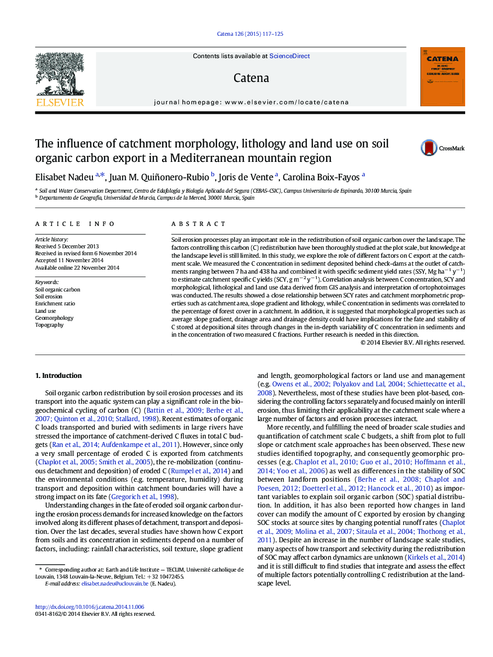 The influence of catchment morphology, lithology and land use on soil organic carbon export in a Mediterranean mountain region