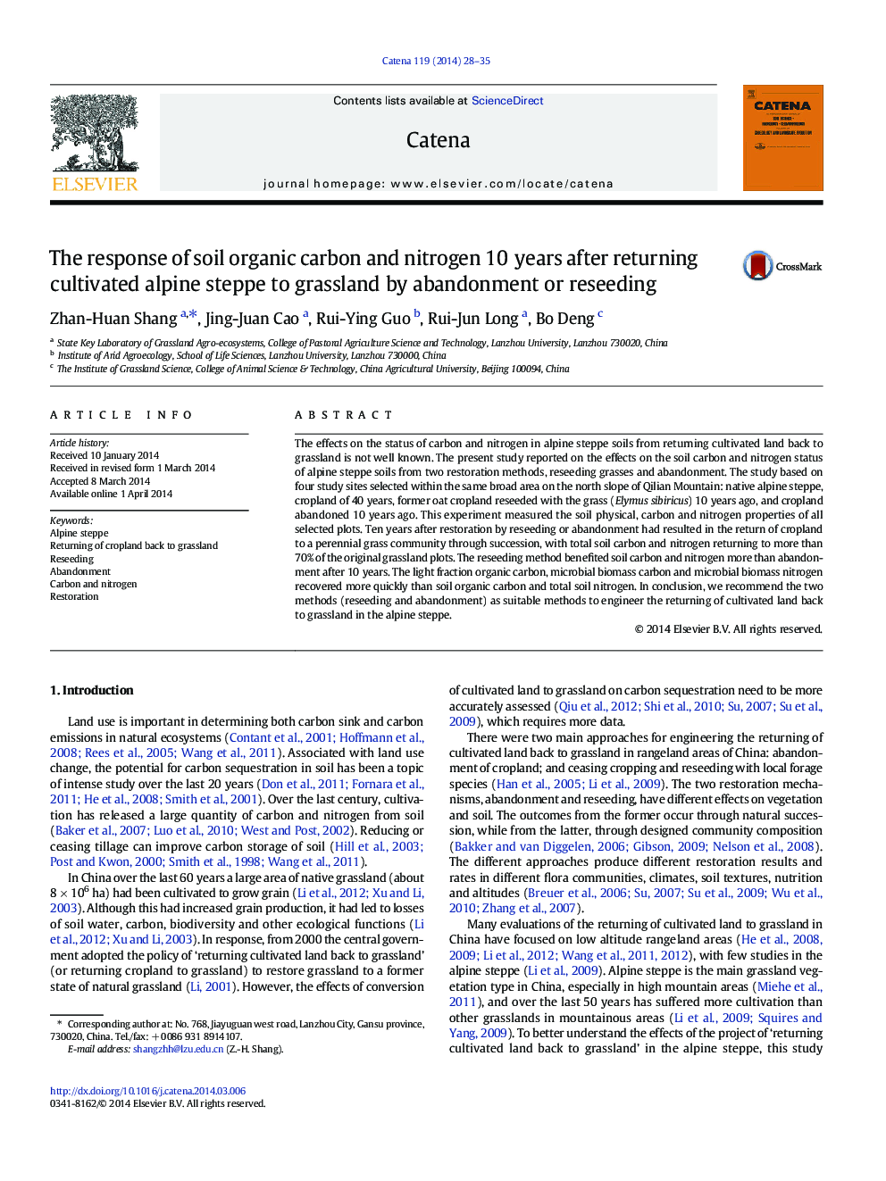 The response of soil organic carbon and nitrogen 10 years after returning cultivated alpine steppe to grassland by abandonment or reseeding