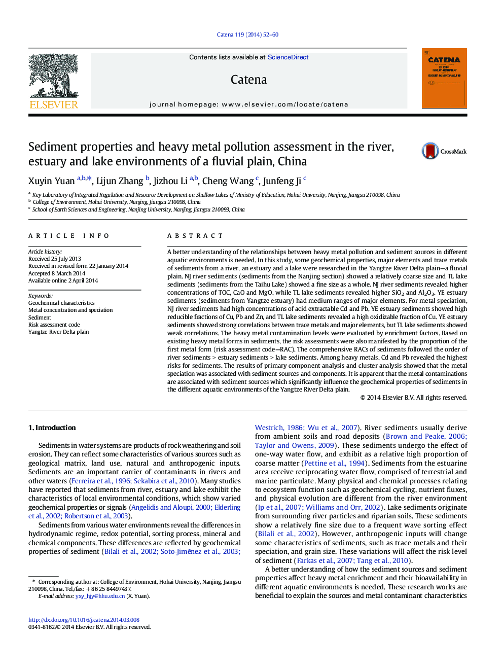 Sediment properties and heavy metal pollution assessment in the river, estuary and lake environments of a fluvial plain, China