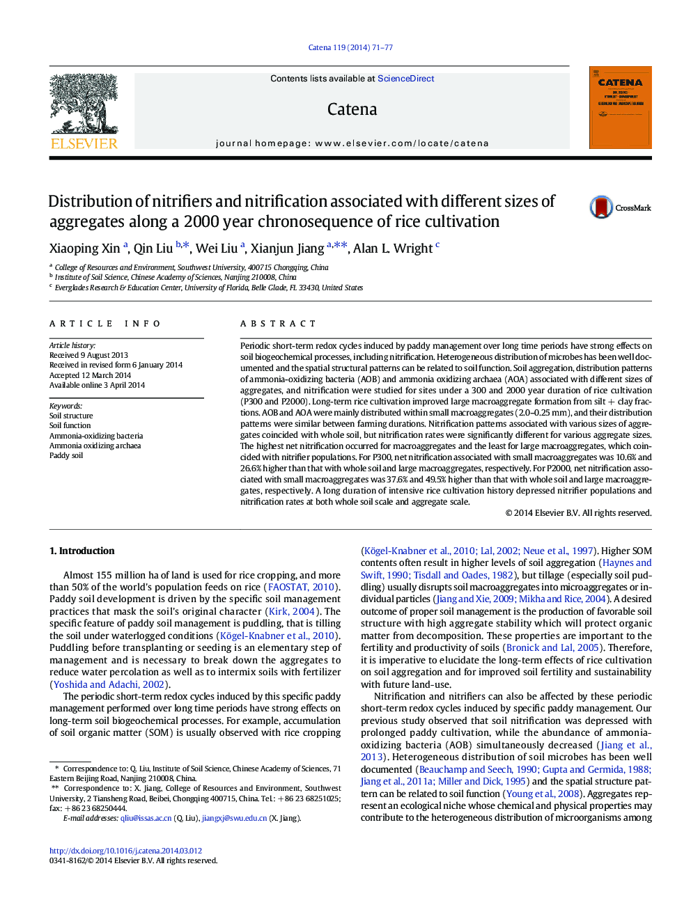 Distribution of nitrifiers and nitrification associated with different sizes of aggregates along a 2000 year chronosequence of rice cultivation