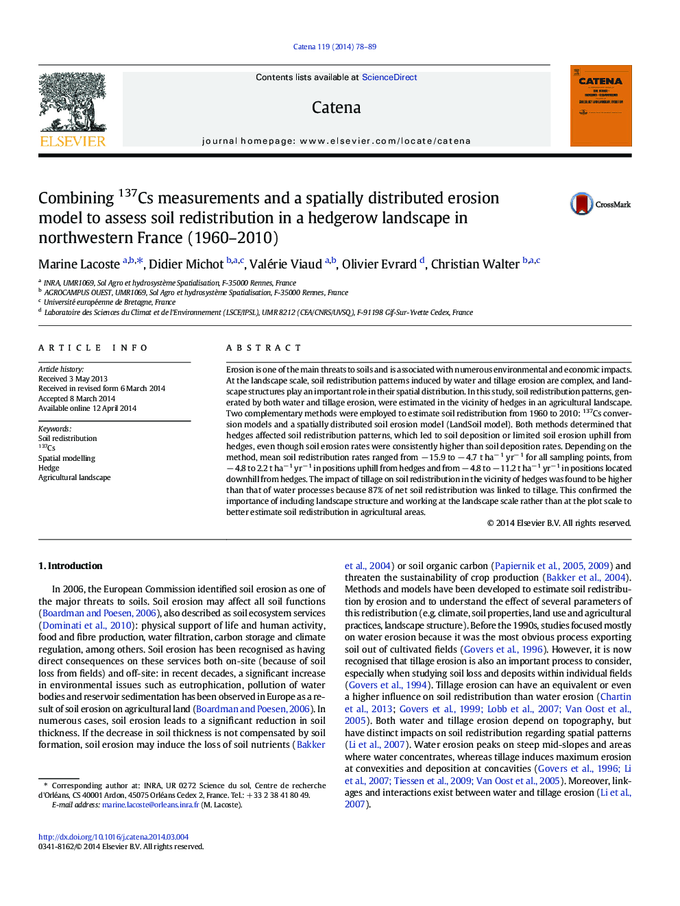 Combining 137Cs measurements and a spatially distributed erosion model to assess soil redistribution in a hedgerow landscape in northwestern France (1960–2010)