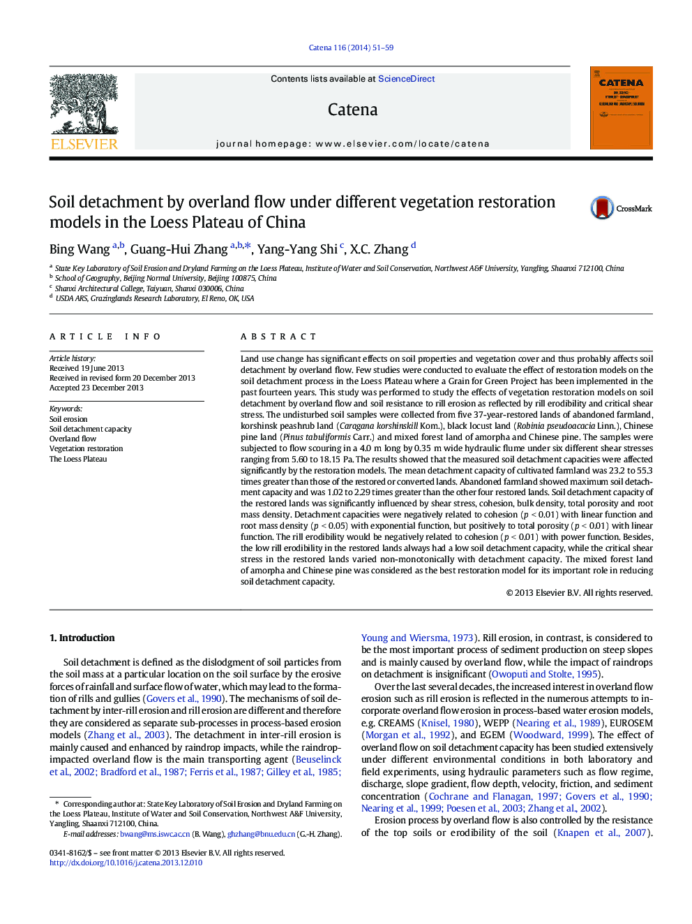 Soil detachment by overland flow under different vegetation restoration models in the Loess Plateau of China