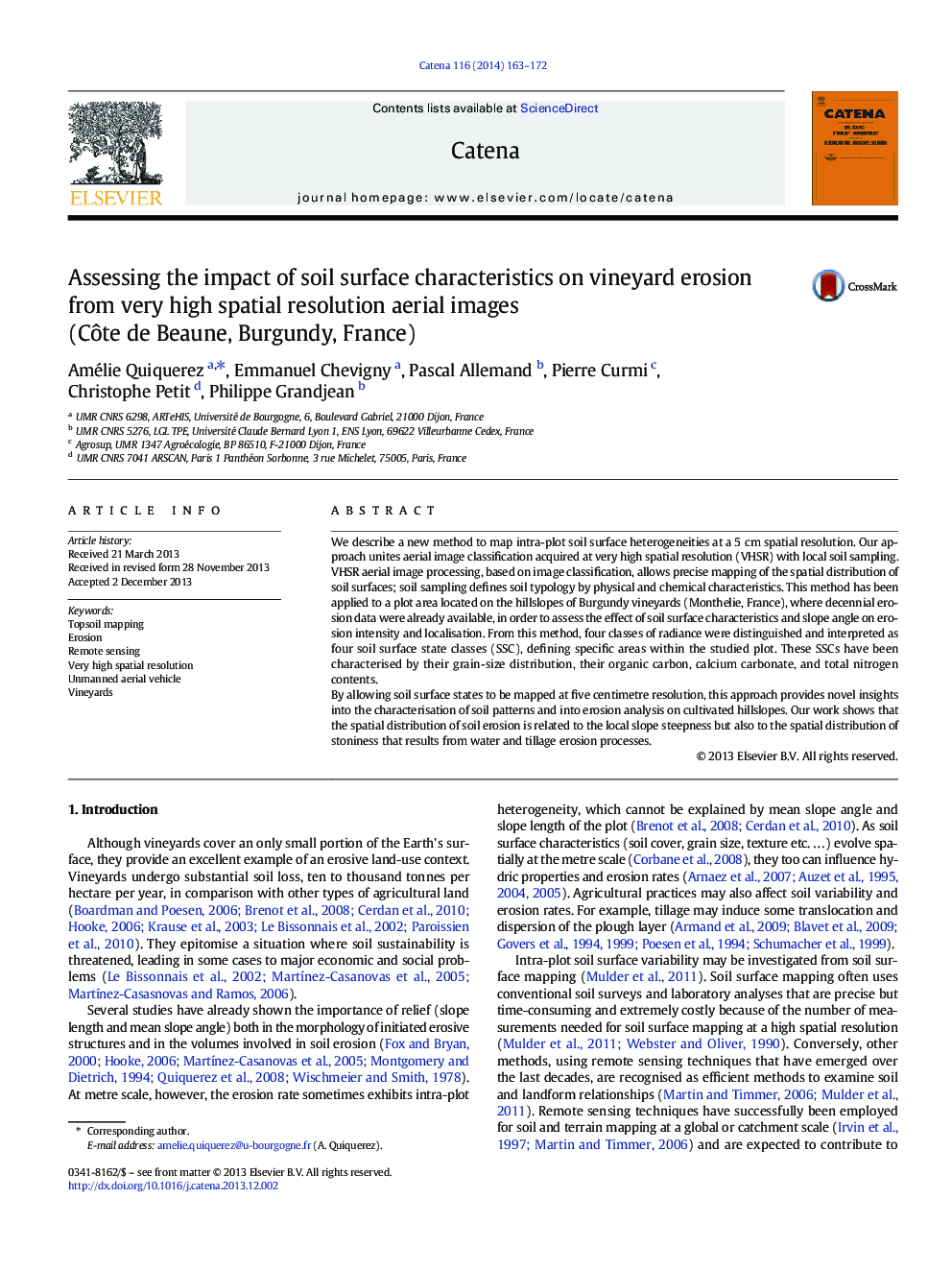 Assessing the impact of soil surface characteristics on vineyard erosion from very high spatial resolution aerial images (Côte de Beaune, Burgundy, France)