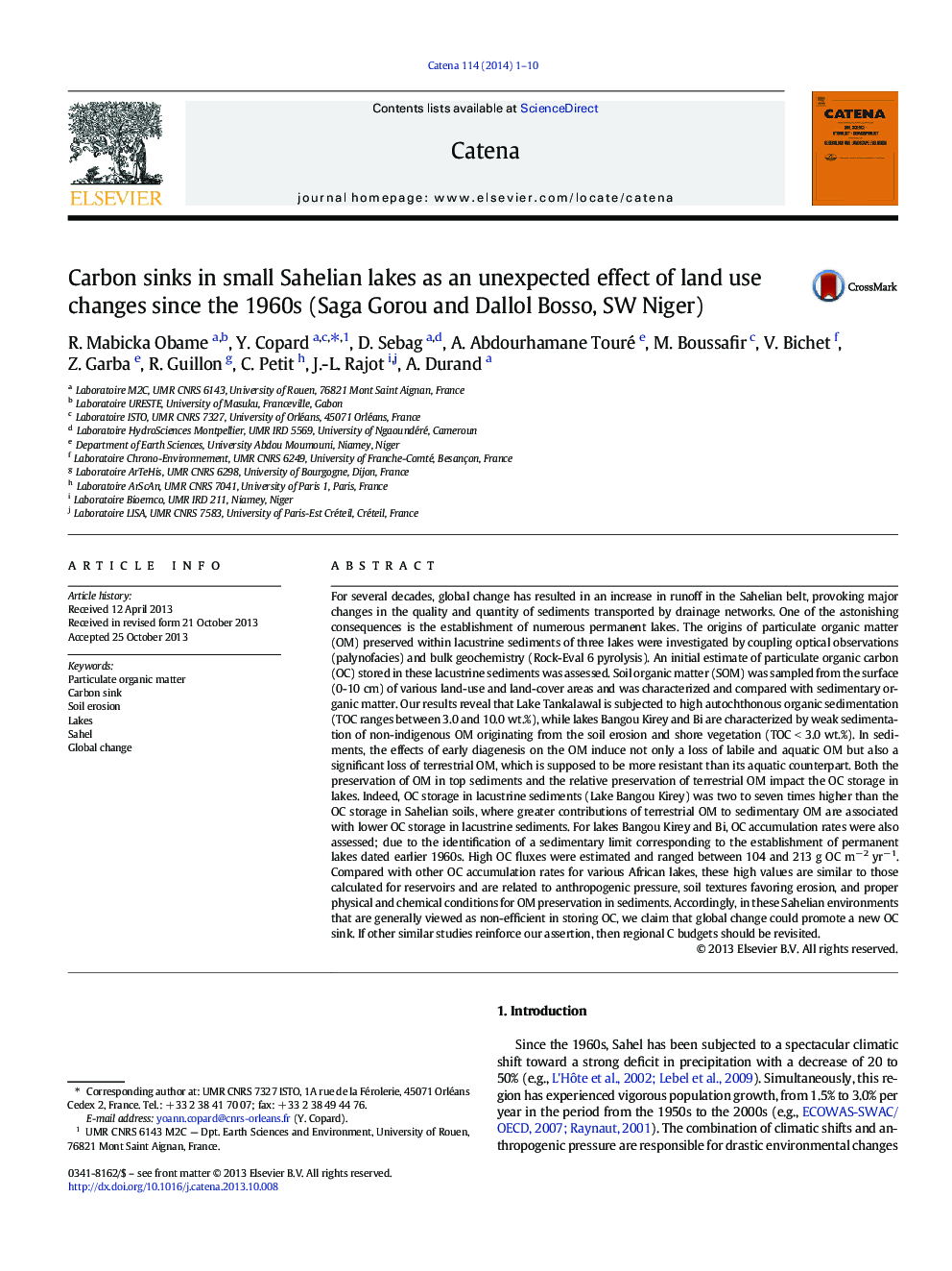 Carbon sinks in small Sahelian lakes as an unexpected effect of land use changes since the 1960s (Saga Gorou and Dallol Bosso, SW Niger)