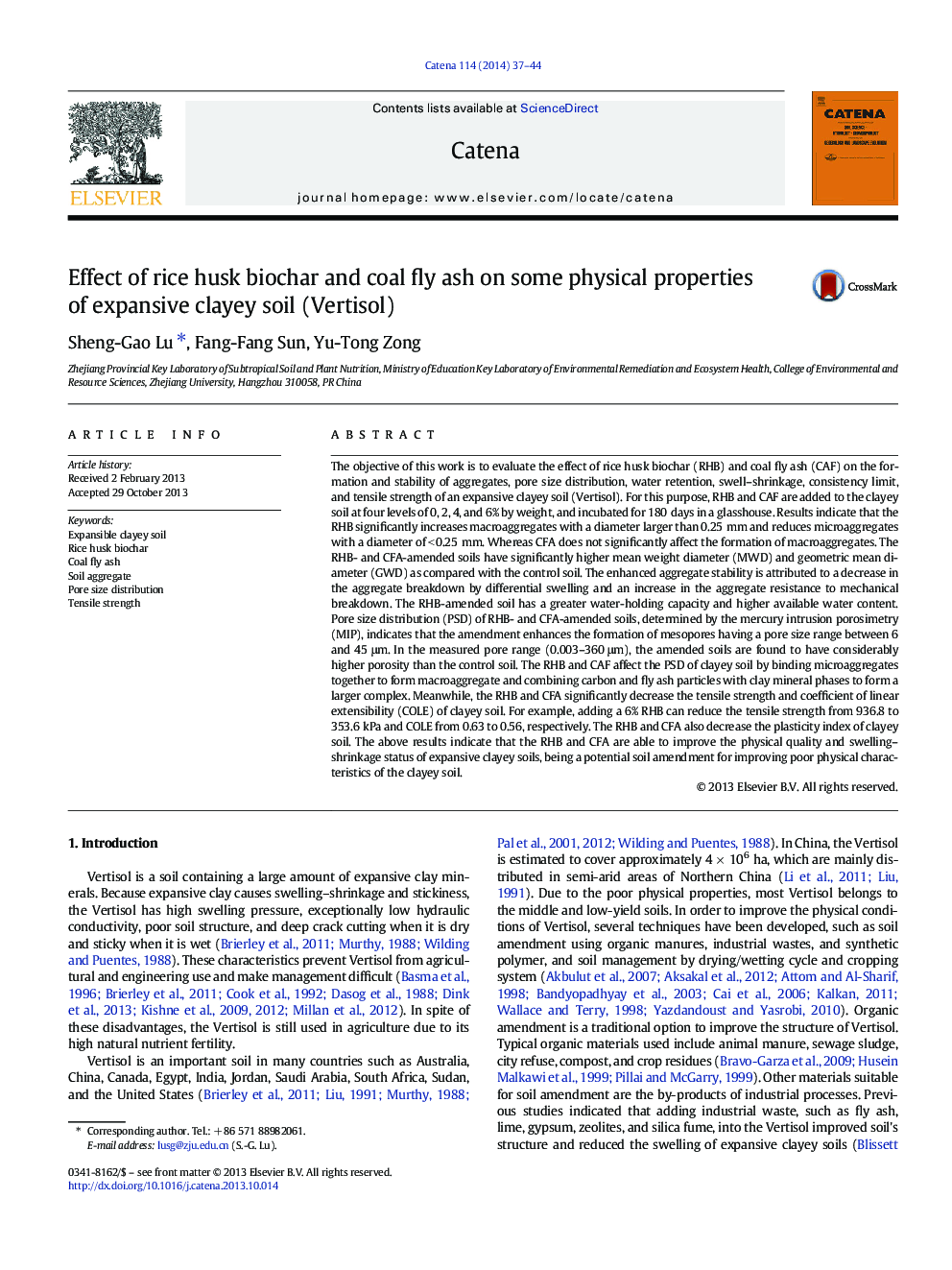 Effect of rice husk biochar and coal fly ash on some physical properties of expansive clayey soil (Vertisol)