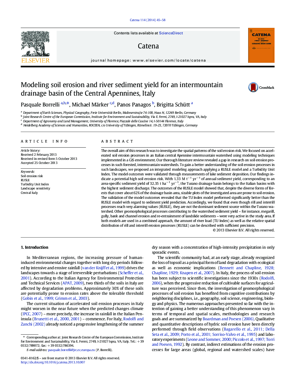 Modeling soil erosion and river sediment yield for an intermountain drainage basin of the Central Apennines, Italy