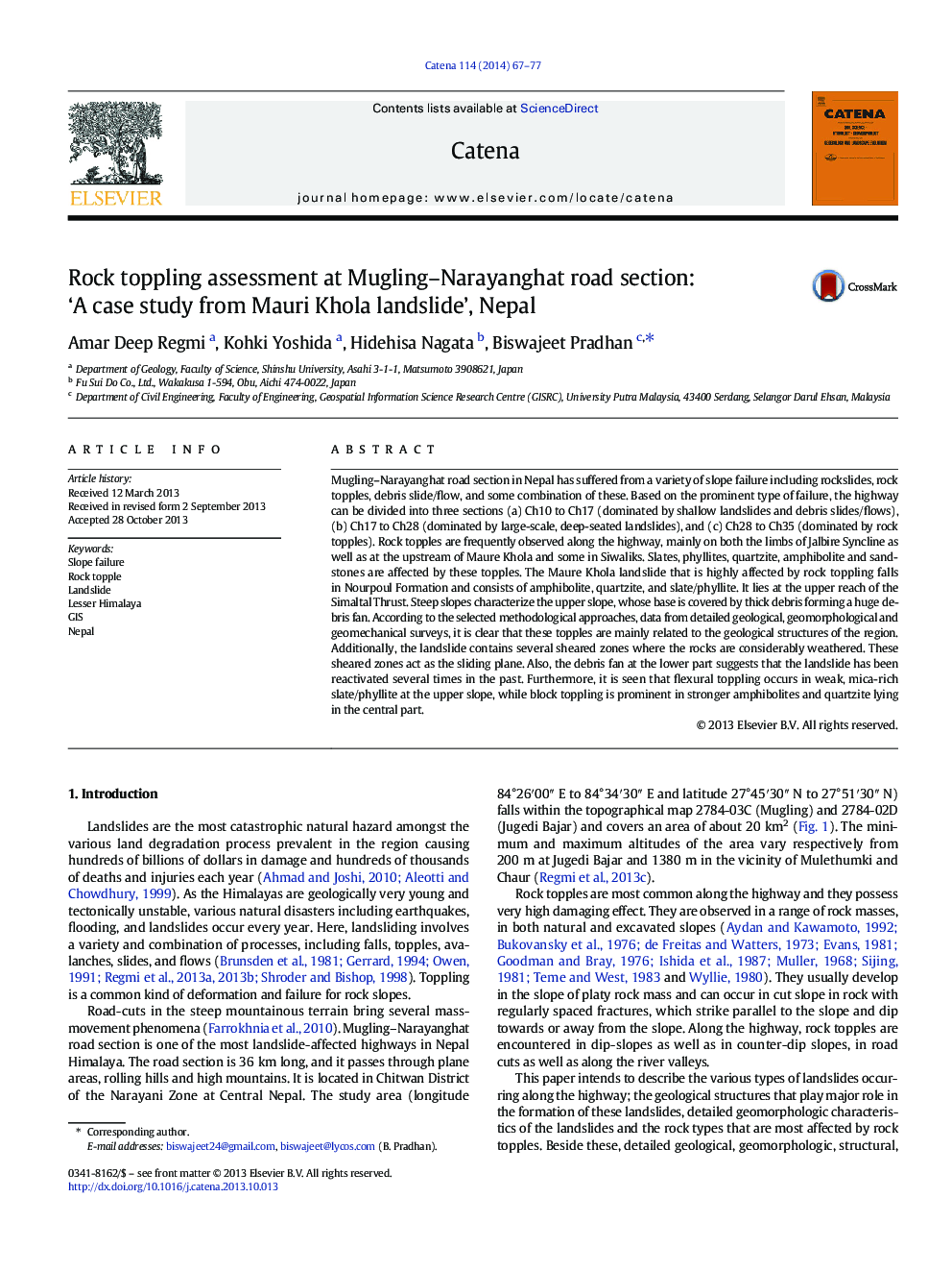 Rock toppling assessment at Mugling–Narayanghat road section: ‘A case study from Mauri Khola landslide’, Nepal