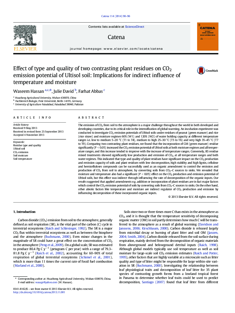 Effect of type and quality of two contrasting plant residues on CO2 emission potential of Ultisol soil: Implications for indirect influence of temperature and moisture