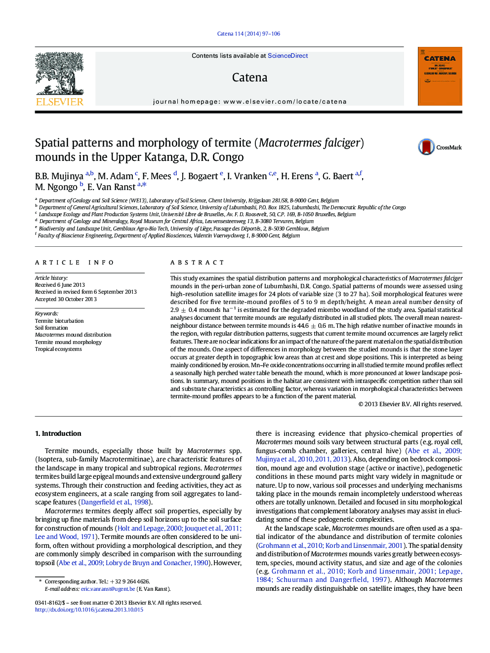 Spatial patterns and morphology of termite (Macrotermes falciger) mounds in the Upper Katanga, D.R. Congo