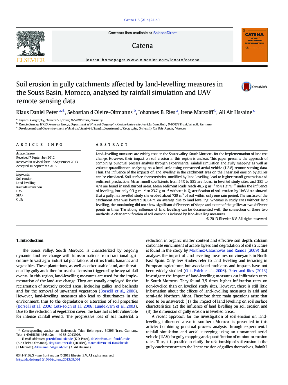 Soil erosion in gully catchments affected by land-levelling measures in the Souss Basin, Morocco, analysed by rainfall simulation and UAV remote sensing data