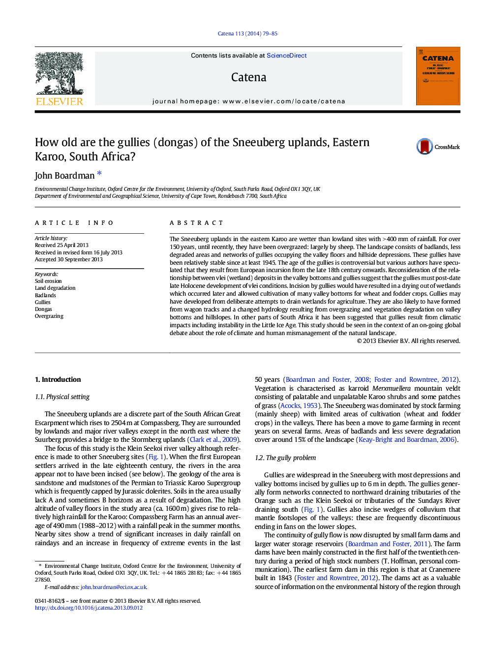 How old are the gullies (dongas) of the Sneeuberg uplands, Eastern Karoo, South Africa?