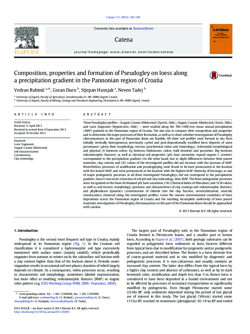 Composition, properties and formation of Pseudogley on loess along a precipitation gradient in the Pannonian region of Croatia