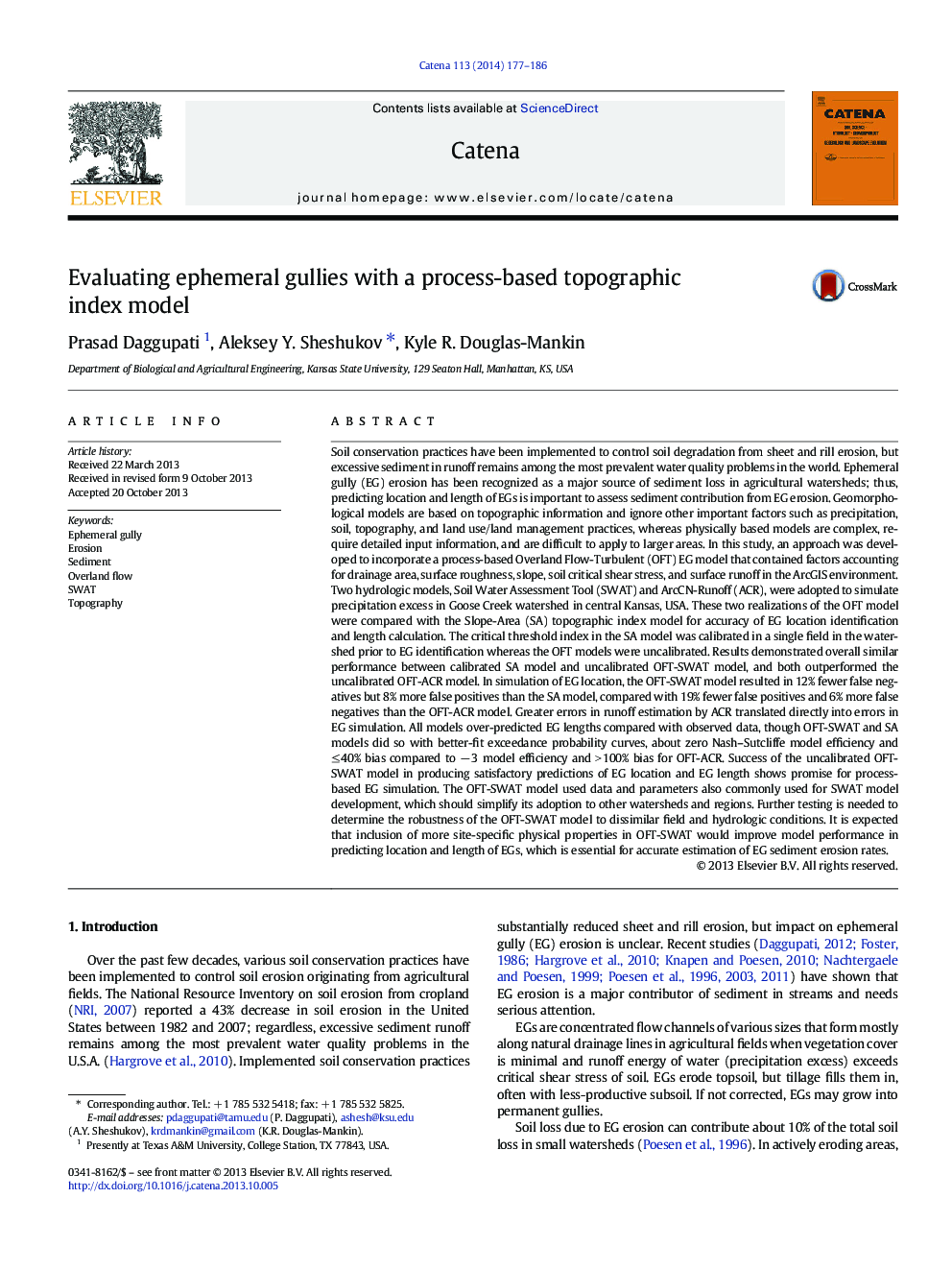 Evaluating ephemeral gullies with a process-based topographic index model