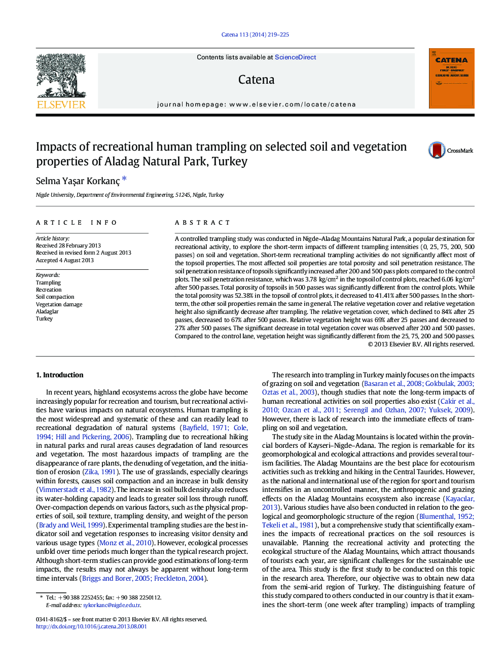 Impacts of recreational human trampling on selected soil and vegetation properties of Aladag Natural Park, Turkey