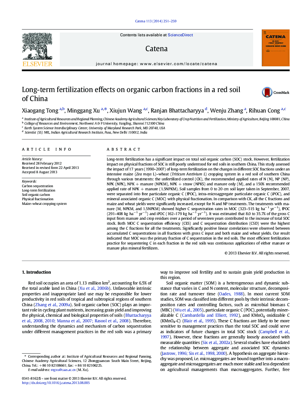 Long-term fertilization effects on organic carbon fractions in a red soil of China