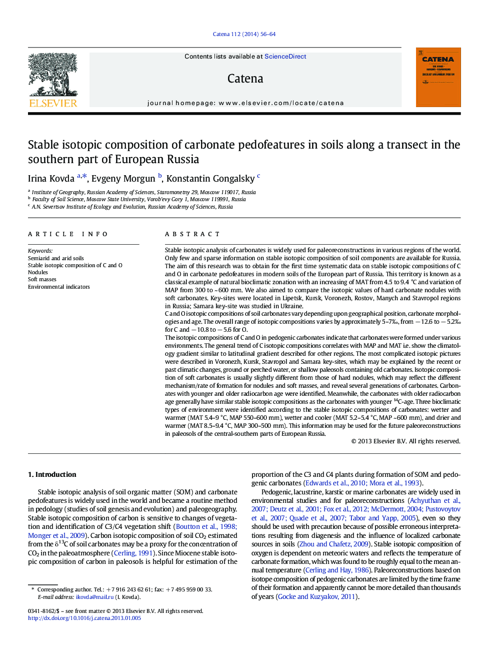 Stable isotopic composition of carbonate pedofeatures in soils along a transect in the southern part of European Russia