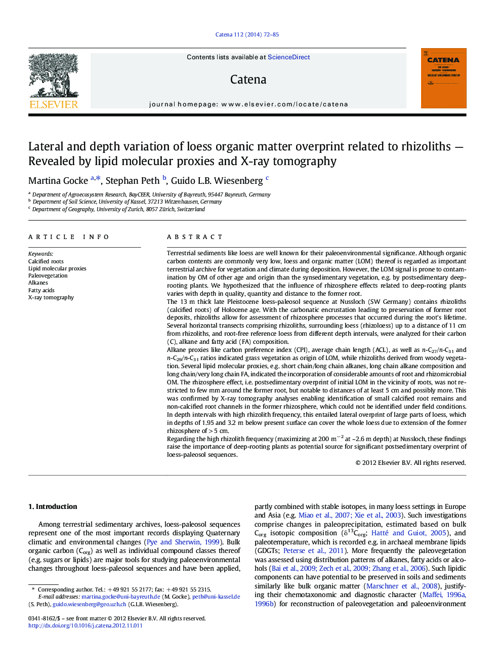 Lateral and depth variation of loess organic matter overprint related to rhizoliths — Revealed by lipid molecular proxies and X-ray tomography